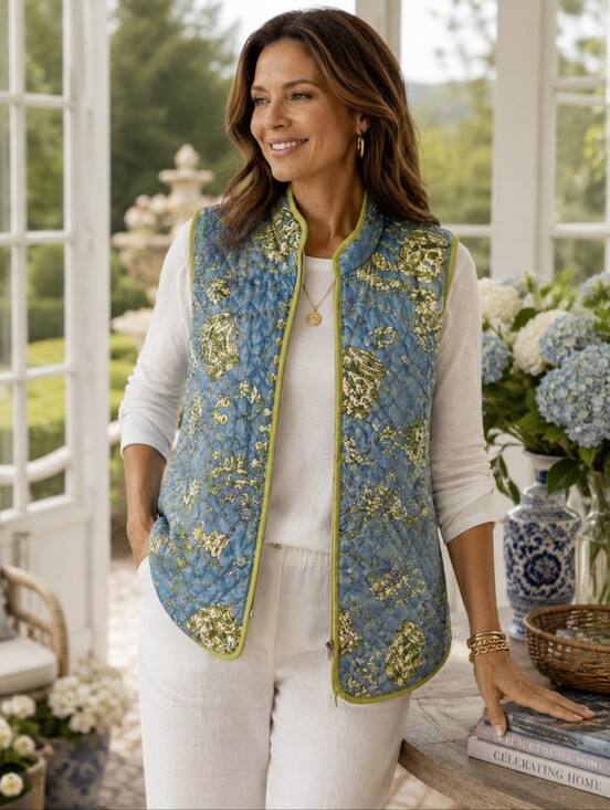 SilkLand Jackets & Blazers - SilkLand 100% Silk Quilted Vest Blue Green Baroque Print 2XL Cottagecore